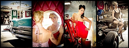hot pin-up models and cold steel make great photos at Reiff's Gas Station pin-up models photo shoot location at Reiff's Automotive Museum